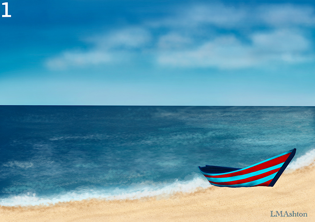A red and aqua coloured boat on a sandy beach. Blue water and blue sky behind the boat.