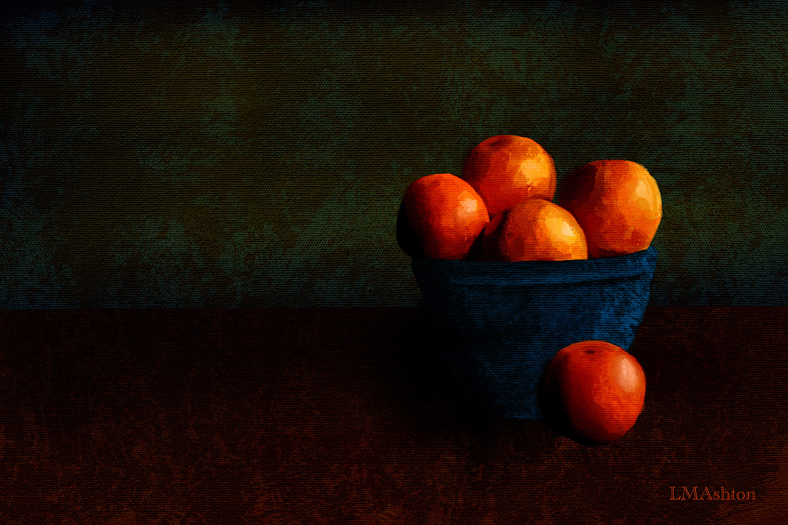 A digital oil painting. Four oranges in a dark blue bowl, one orange on the table in front. The table and background are dark. 