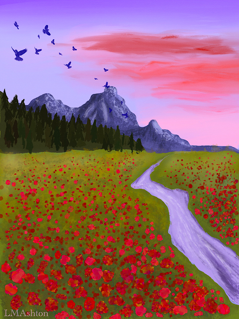 A digital painting. In the foreground, there is a field of red flowers in amongst grasses with a small creek running through it. In the background there are pine trees and a mountain. The sky is shades of purple, red, and pink.