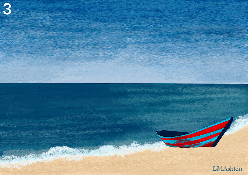 A red and aqua coloured boat on a sandy beach. Blue water and blue sky behind the boat.