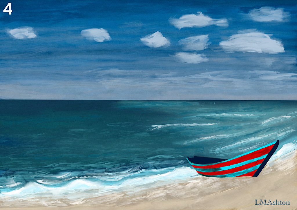 A red and aqua coloured boat on a sandy beach. Blue water and blue sky behind the boat.