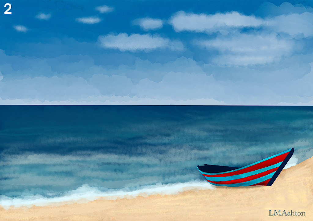 A red and aqua coloured boat on a sandy beach. Blue water and blue sky behind the boat.